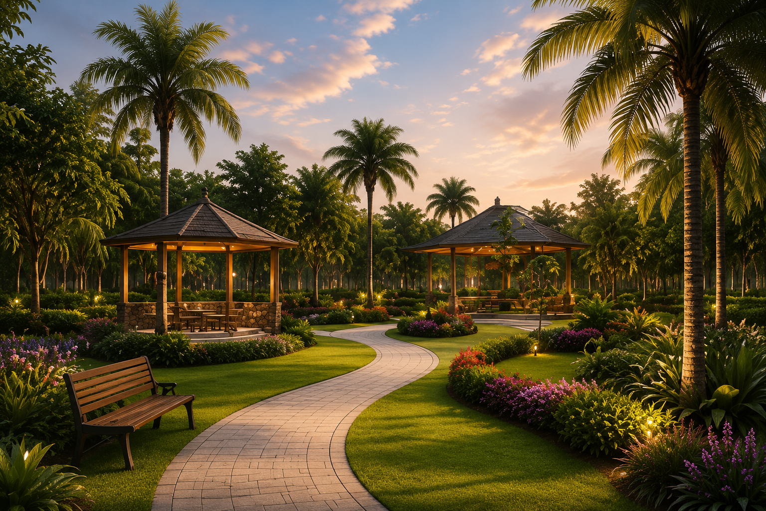Lush green landscaped pathways