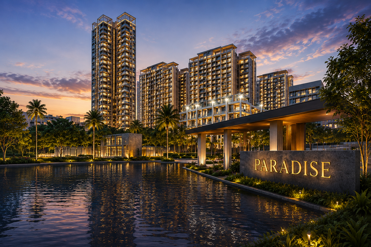 Paradise township towers at night with waterfront signage