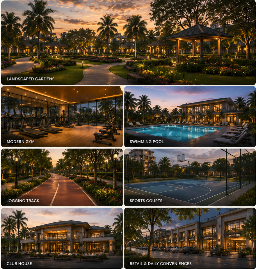 Township amenities collage: landscaped gardens, modern gym, swimming pool, jogging track, sports courts, club house, retail and daily conveniences